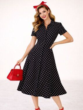 Shelby & Palmer Black Polka Dot Button Front Midi Dress Short Sleeve Sz 14 Large